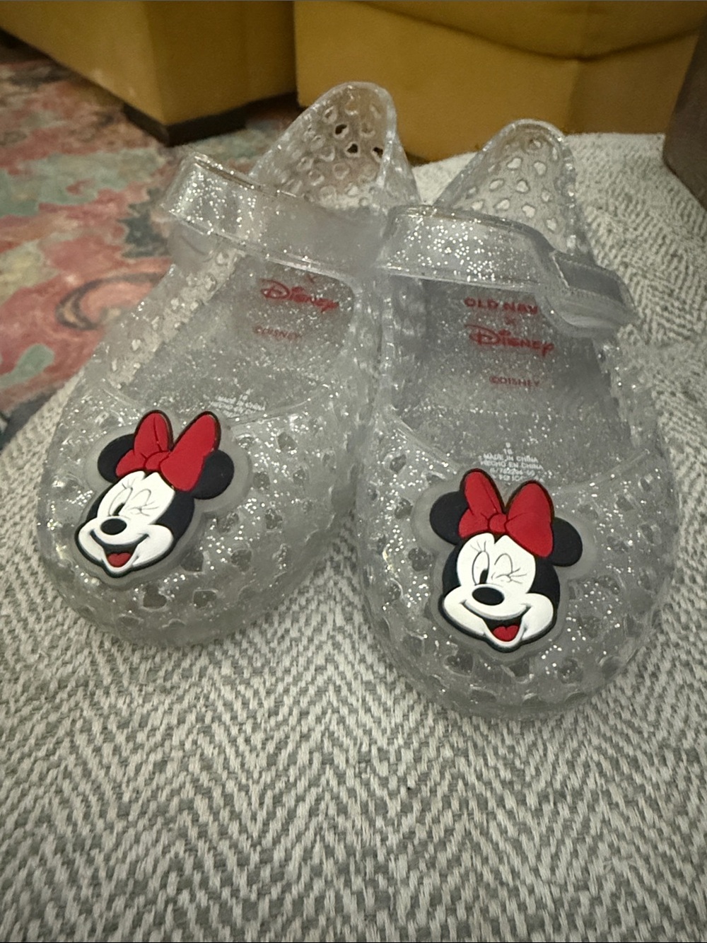 Disney Clear Glitter Minnie Jelly Sandals with Red Bow Accents